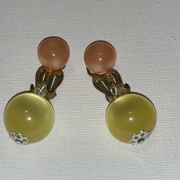 Very rare - Vintage 1930s lemon yellow drop & pink candy floss earrings - Picture 1 of 7